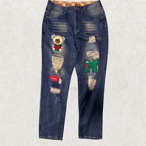 Men’s Distressed Patchwork Jeans – Size 34, Dark Wash, Slim Straight.